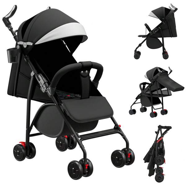 Passeggino compatto per bambini da 0 a 4 anni, passeggino in canna con maniglione regolabile e cintura di sicurezza a 5 punti, posizione reclinata, può stare seduto o sdraiato, cinghia regolabile sul retro dello schienale, 47 x 72 x 97 cm