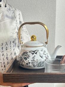 1 Set Enamel Kettle, Oriental Charm Enamel Pot,Checkered Lemon Pattern,Underglaze Blue Bird Pattern, Wonderful Items With High Aesthetic Appeal Gift, Suitable For The Kitchen, Living Room, Courtyard And Dining Table.