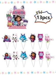 Gabby's Dollhouse Decoração de Bolo de Festa de Aniversário com Tema da Casa de Bonecas Gabby, 13/25 peças, Duas Opções de Estilos Diferentes. As Super Fofas Decorações de Personagens de Desenho Animado no Bolo Adicionam Muita Diversão a Esta Festa de Aniversário