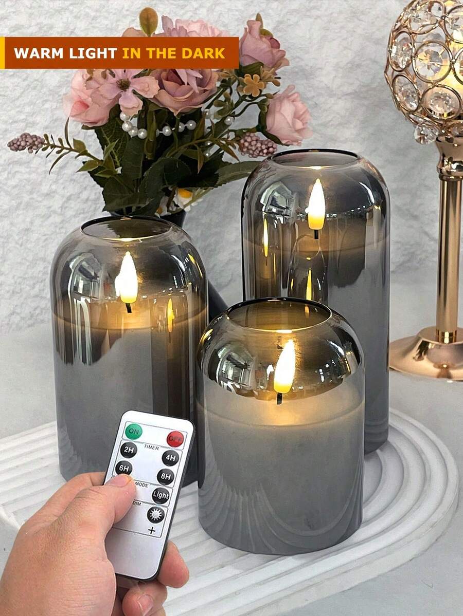 3 Pack Grey Curved Battery Powered Flameless LED Candles With 10-Key Remote And Timer, 3D Warm Color Flashing Lights For Holiday Home Decoration - Grey - View 1