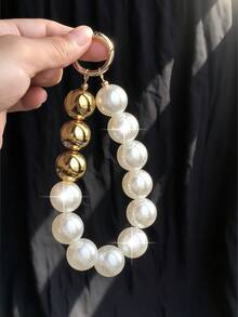 1pc Creative Golden Beaded Wristband Phone Chain Phone Case Key Chain Accessory, Fashionable Handbag Charm - Multicolor - View 3