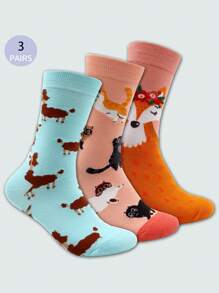 3 pares de calcetines casuales de media pantorrilla con gráficos de animales para mujer