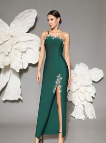 Handmade Beaded One Shoulder Knit Bandage Bodycon Dress, Elegant For Family Gatherings, Parties, And Evening Occasions