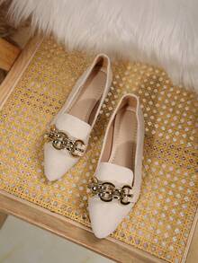 宽楦时尚麂皮平底鞋，米色，尺码 36-43，适合日常穿着，甜美休闲女鞋 - 米色絨面+鏈條 - 查看 6