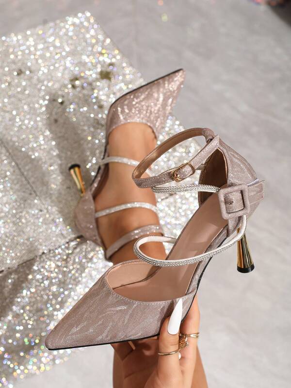 Stylish Fragrant Gold Heel Matching Rhinestone Strap Slip-On Casual Minimalist Hollow Out Flats, Comfortable Women Shoes