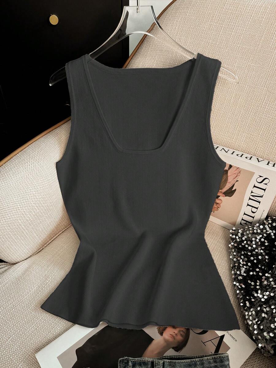 女式优雅简约日常方领吊带修身纯色粗肩带针织上衣圆领无袖修身休闲短款背心基本款 T 恤吊带背心，透气柔软舒适汗衫，春夏秋季