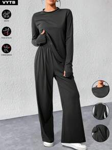 2pcs Women Long Sleeve Round Neck T-Shirt Top & Loose Comfortable Casual Pants Set - Black - View 2