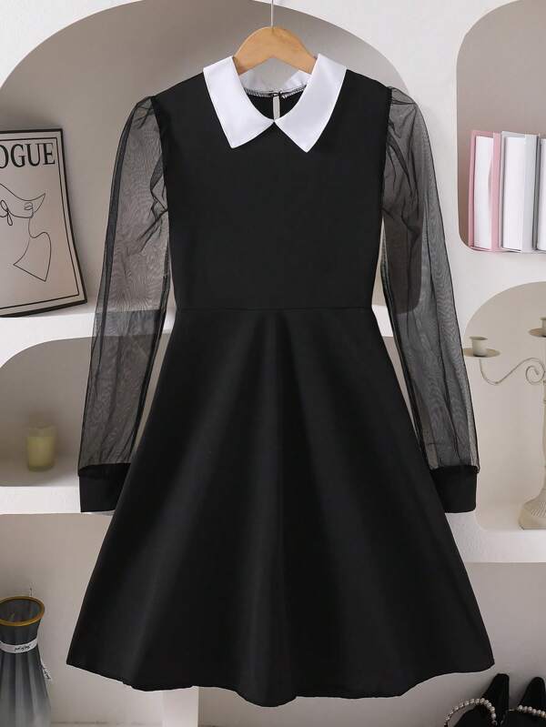 1 pièce Robe élégante à manches longues pour adolescentes avec col polo, blocs de couleur, manches bouffantes et coupe évasée. Contraste noir et blanc, style français slim