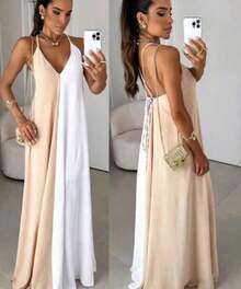 Women's Long Dress, Classic And Sophisticated - 淺褐色/米色 - 查看 2