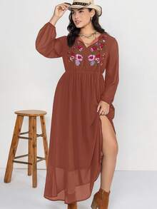 Rusttydustty Plus Size Floral Embroidery Casual Vacation Dress - Brownish Red - View 4