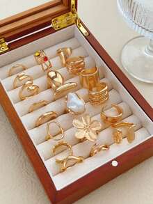 20 件优雅奢华派对风格淡紫色女士金色戒指套装，花卉仿珍珠，几何线条设计，适合日常、派对、节日、婚礼、时尚珠宝 - 款式8 - 查看 5