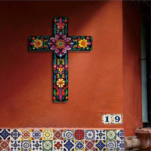 Handbemaltes mexikanisches spanisches Wandkreuz Dekoration - Lebendige lila Blume künstliches Holzkunstwerk für Innenraum Zuhause Kapelle Wohnzimmer spirituelle inspirierende Dekoration, geeignet für Küche, Esszimmer und Raumdekoration | Lebendige Dekoration | Künstliches Holzkreuz