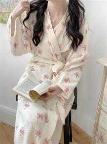 1 件女士新款韩版简约舒适浴袍，蝴蝶结休闲宽松长袍 - 粉紅色蝴蝶 - 查看 2