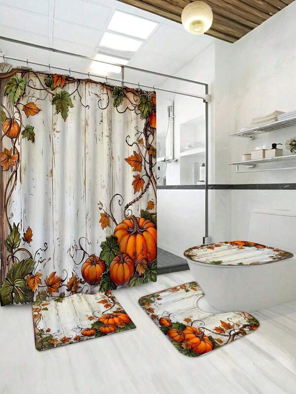1/4pcs Vintage Autumn Maple Leaves & Pumpkin Wooden Board Wall Print Waterproof Shower Curtain Set, Window Curtains Fit For Windows, Include 12 Hooks