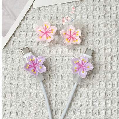 2件樱花数据线保护套手机配件防弯充电线保护套手机充电线连接器保护套充电器配件