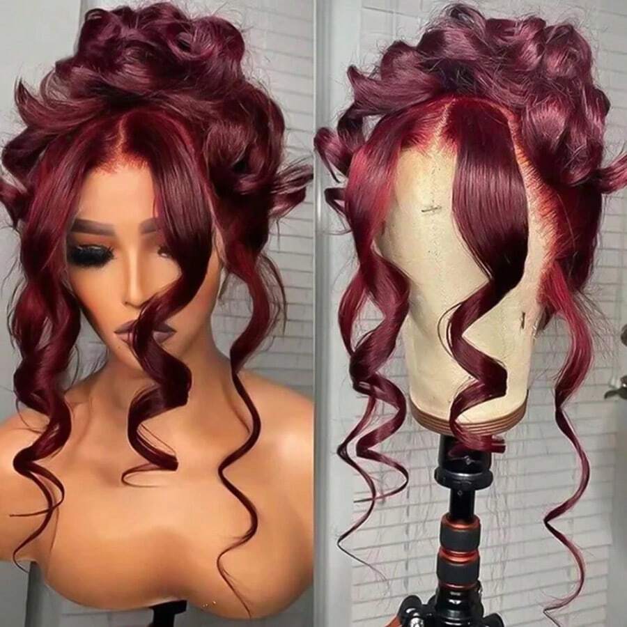 Burgundy Wig Human Hair 28inch 13x4 HD Transparent Lace Straight 99J Red Human Hair Wig Colored Reddish Brown Lace Frontal Wigs 200% Density Pre Plucked With Baby Hair - S99J - 查看 1