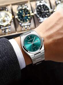 1 件男士石英不锈钢表带手表，带双日历和夜光表盘，商务休闲 - A - 查看 2