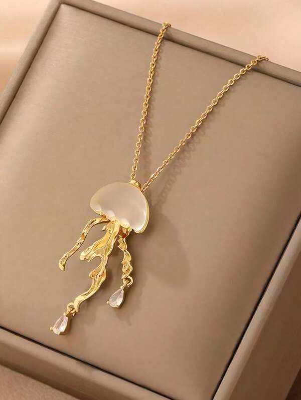 1pc Fashionable European & American Floating Jellyfish Pendant Necklace, Minimalist Elegant Luxury Niche Design Jewelry Accessory