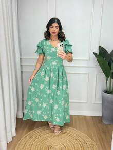 Midi Dress Fabric Tulle Embroidered Lining Princess Sleeve Floral Leaf Cut And Sew Fabric Layered Buttons On Front Pleated Women's Long Dress Striped Formal And Evening Spring/Summer - 綠色 - 查看 3