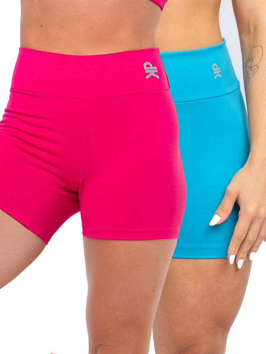 Kit 2 Women's Fitness Shorts High Waist Zero Transparency Blackout Gym Basic Bermuda Shorts Women's Crossfit Yoga - 粉紅色+綠松石色 - 查看 1