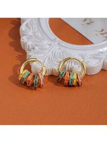 New Chinese Style Enamel Colored Drip Oil Earrings, Retro Dopamine Design Earrings, Suitable For Daily Wear, Women's Jewelry Gifts - 金色 - 查看 1