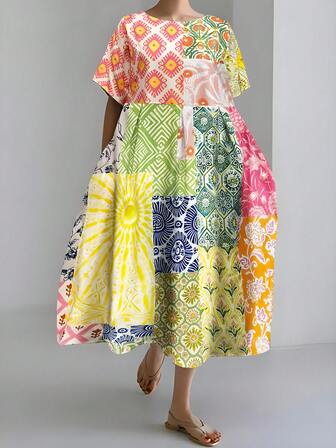 女式圆领图案印花休闲短袖大码连衣裙