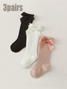 3 Pairs Kids Cute Bow Decor, Bubble Mouth Baby Socks, Knee High Socks, Versatile Toddler Socks For All Seasons - Nhiều màu - Xem 9