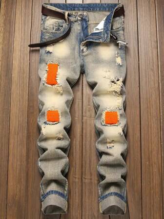 1 pieza Jeans casuales azules de corte recto y ajuste regular para hombre, adecuados para caminar en la ciudad y actividades al aire libre, estilo emo