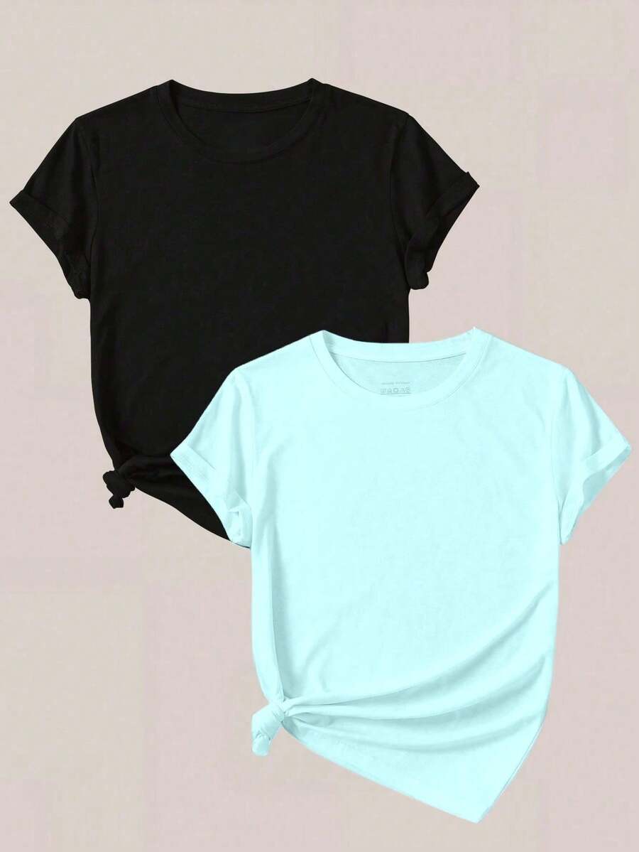 2pcs set pack conjunto camiseta casual de mujer de unicolor, cuello redondo, manga corta, versátil - Azul Claro - Ver 1