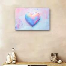 Framed 1pc Whimsical Pastel Heart Gradient Canvas Print - Wooden Framed, Horizontal Wall Art For Bedroom & Dorm Decor, Soft Color Palette With Blue, Pink, Purple & White Hues - Framed - View 2