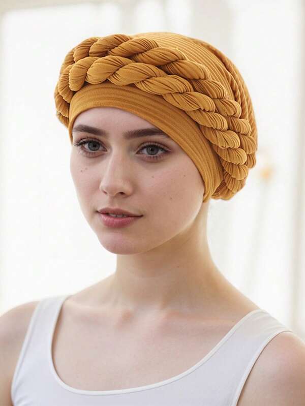 Double Braid Pre-Tied Turban Cap Solid Color Pleated Head Wrap Elastic Bonnet Lightweight Beanie Chemo Hats For Women