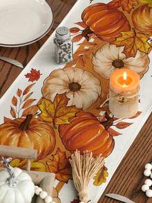 1pc, Orange Pumpkin Maple Leaf Stripes Fall Table Runner, Seasonal Autumn Kitchen Dining Table Decoration For Home Party Decor(13x35.4/47.2/63/72/78.7 Inches), Fall Decorations For Home - Multicolor - View 2