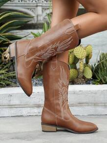 Fall/Winter 2025 New Women's Embroidered Leather Merrillat Brown Western Boots, Pointed Toe Chunky Heel Knee-High Boots, Outdoor Casual Fashion Dress Boots,Cowboy Boots