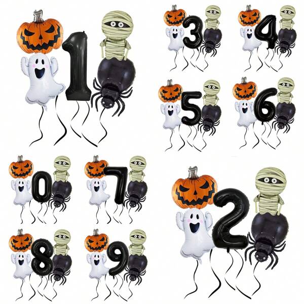 1 Set Halloween Themed Party Balloon Combo, Pumpkin Skull Ghost Mummy Spider Latex Balloons, 32in Black Number 1-9 Foil Balloons For Birthday Party Background Decor, Happy Birthday Balloon Set, Suitable For Birthday Adult Gift Party, Scary Halloween Themed Party Wall Decor Balloon Set