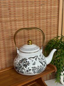 1 Set Enamel Kettle, Oriental Charm Enamel Pot,Checkered Lemon Pattern,Underglaze Blue Bird Pattern, Wonderful Items With High Aesthetic Appeal Gift, Suitable For The Kitchen, Living Room, Courtyard And Dining Table.