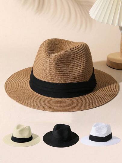 1pc Unisex Wide Brim Straw Panama Hat, Summer Beach Sun Hat, High Quality, Solid Color, Elegant, Casual, Bohemian, Vintage, Street Style, Suitable For Spring And Summer