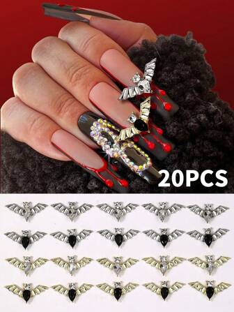 20 pièces Charms d'ongles d'Halloween - Chauve-souris en alliage 3D et acrylique avec strass, décoration d'art d'ongles de chauve-souris mignonne pour fournitures de manucure DIY