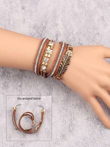 1pc Fashionable Personalized Round Metal Charm Multi-Layer Snake Skin Leather Wrap Bracelet, Gift For Girlfriend/Mom - Can Be Worn In Any Position On The Wrist