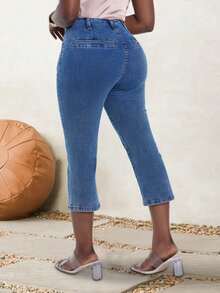 Women's High - Waist Denim Capri Pants - Button - Front, Double Pockets, Retro & Chic - Medium Wash - View 6