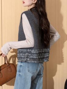 Cardigan Vest Wanita Musim Gugur/Dingin dengan Hiasan Pinggiran Elegan dan Leher Bulat - Dark Grey - View 6