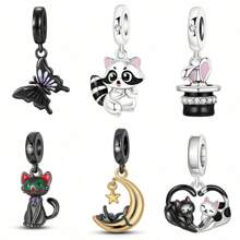 CYCUFF 1 Pc Silver Plated Fine Charm Black Cat Raccoon Butterfly Pendant For Original Bracelet Necklace DIY Jewelry Making Fit Women Birthday Gift