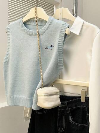 Alicedudu Chaleco de cuello redondo con estampado de dibujos animados para mujer, otoño/invierno