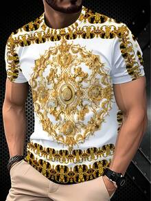 奢华夺目！3D 印花复洛克花卉金色图案修身休闲短袖街头风格圆领 T 恤男款 - 黑色 - 查看 2