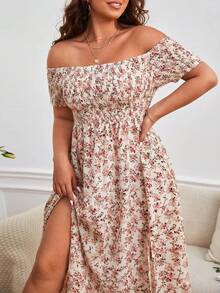 Vestido con hombros descubiertos, vestidos de talla grande para mujer,fruncido y abertura floral en estampado