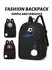 1 New Cute Versatile Simple Kawaii Football Print Plus Pom Pom Pendant Backpack, New For Spring And Summer, Suitable For Back To School Season. Nylon Material Double Zipper Lightweight Large Capacity Foldable Bag, Very Suitable For Teenagers To Go To School, Daily Travel, Shopping, Travel And Vacation, Etc. - Black - View 2