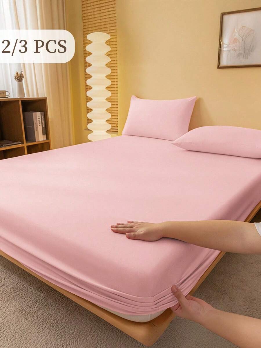 2/3 Pcs Fitted Sheet Set, Bedding, Solid Color Bed Sheet Set, Halloween Decor, Fall Decor, Christmas Decoration, Soft And Comfortable Bedding, Skin-Friendly Bed Cover Set, Room Decor For All Season, Halloween Gift, Mattress Protector For Bedroom, Fits For Single, Twin, Full, Queen And King Size Bed, 1 Fitted Sheet And 1/2 Pillowcases, Machine Washable