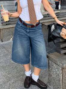 Y2K Street Vintage Washed Cat Whiskered Pocket Wide Leg Bermuda Jeans Denim Jorts Casual Shorts Cropped Trousers Fall Clothes