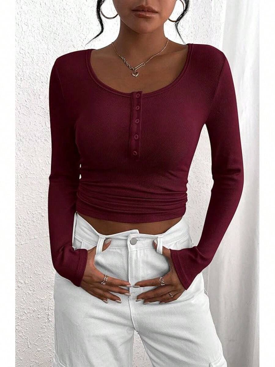 Women's 2025 Fall Long Sleeve Henley Shirts Button Ribbed Knit Casual Basic Tops Blouse - 酒紅色 - 查看 1