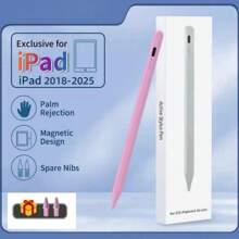 这款触控笔兼容 Apple iPad/iPad Pro/Air/Mini 2018-2025 款，可与 Apple Pencil 兼容替换。它具有倾斜功能、防误触和磁吸连接功能 - 兼容 iPad Air 3/4/5、iPad Mini 5/6、iPad 6/7/8/9/10、iPad Pro 11 英寸/12.9 英寸，120mAh 可充电电池，并附带两个可更换笔尖。