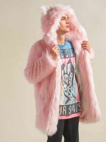 1pc Men's Long Sleeve Faux Fur Coat, Fluffy Soft Pink Furry, Hooded With Ears, Cute & Playful, Loose Fit, Mid-Length, Suitable For Autumn/Winter, Holidays, Daily, Travel, Outdoor, Streetwear, Home Wear